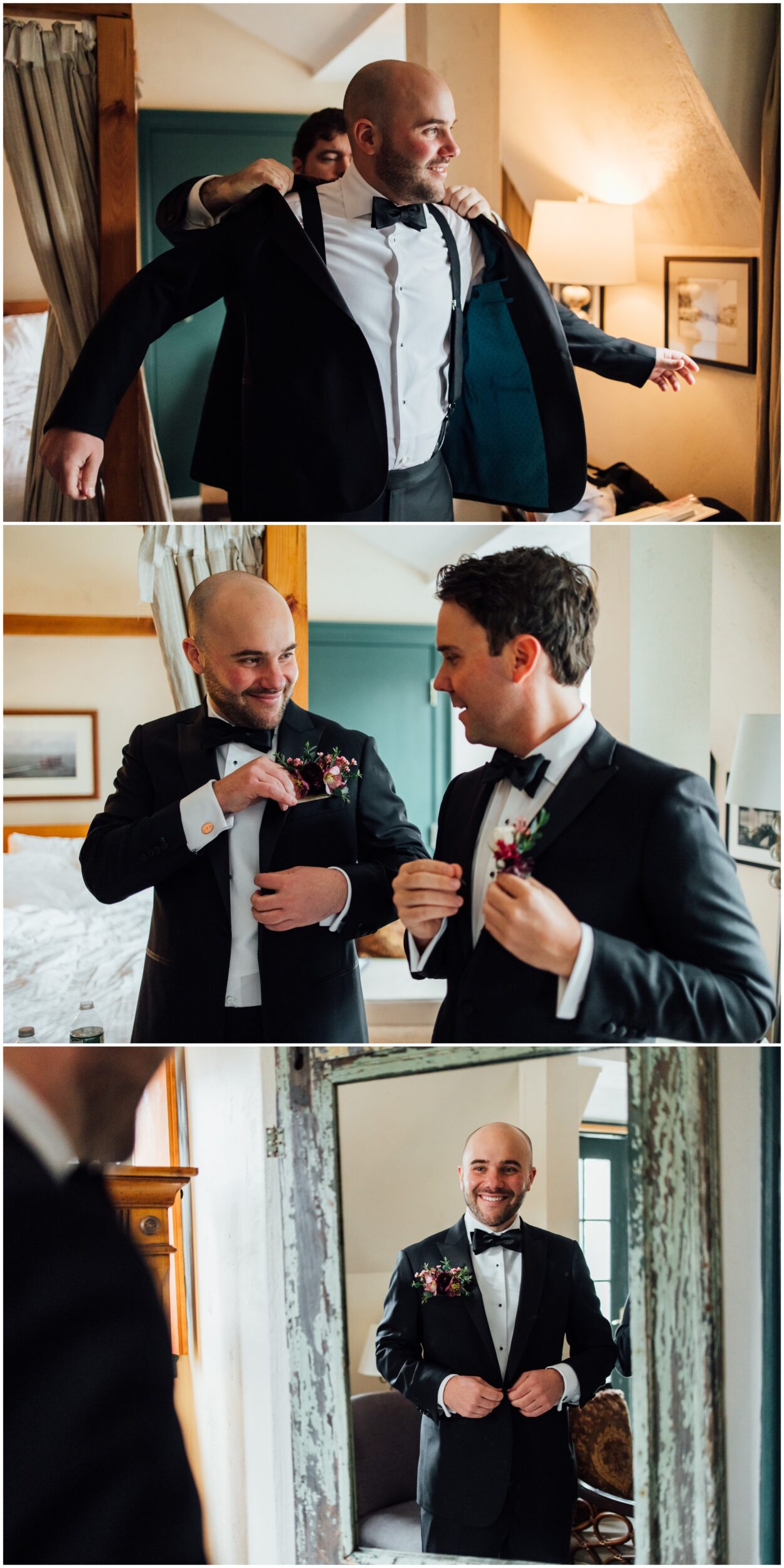 Groom getting ready in tuxedo at Red Lion Inn wedding in Cohasset MA